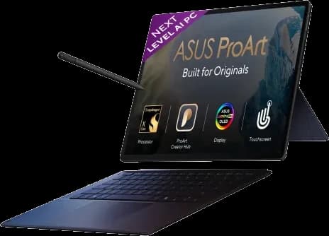 ASUS ProArt 14 OLED creator laptop in blue with a stylus, open, three-quarter view