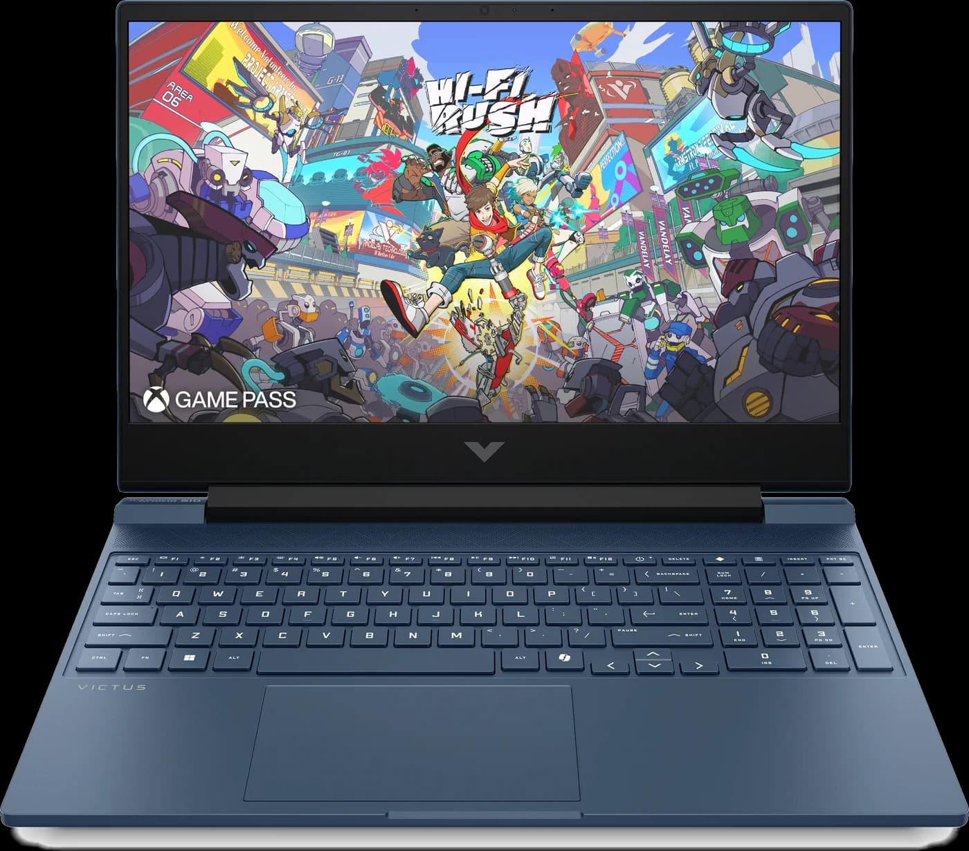 HP Victus 15 gaming laptop in performance blue, open, front view